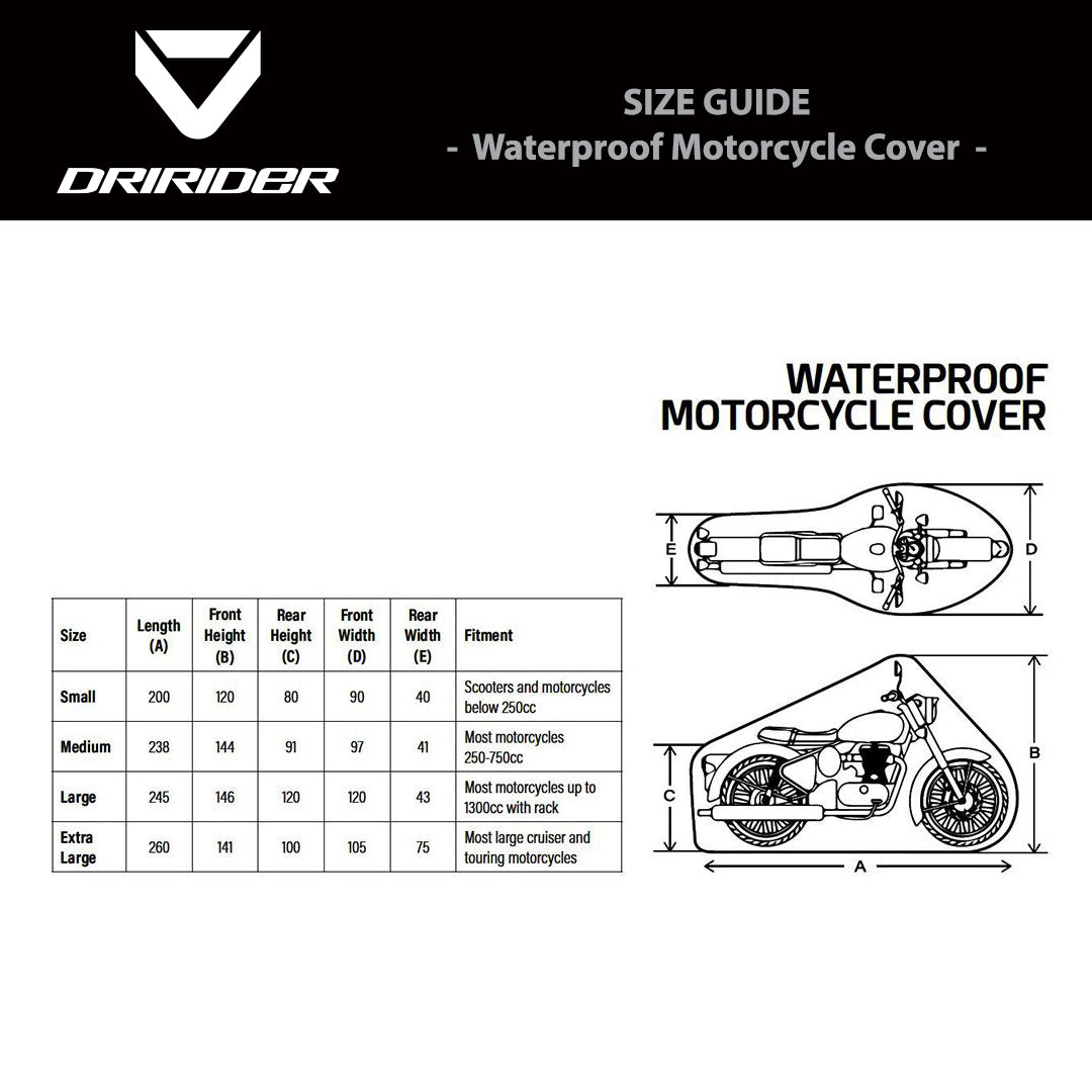 DRIRIDER Size Chart - WP Bike Covers