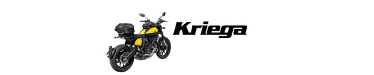 Kriega motorcycle luggage logo and example of luggage mounted to Ducati Scrambler motorbike