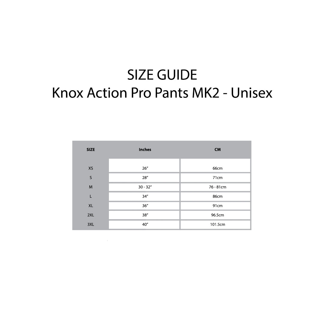 KNOX Size Chart Action Pro Pants - Unisex